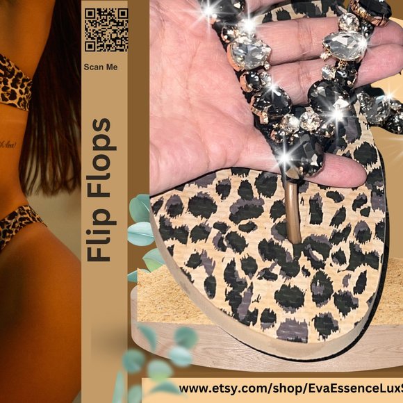 Newly Decorated Leopard Beach Flip Flops, Rhinestones, Shoes, Bridal Sandals - Picture 6 of 16